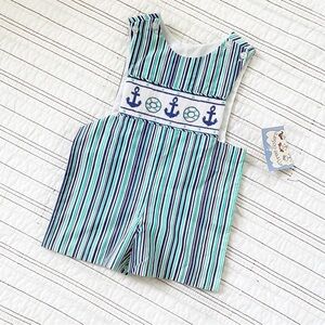 NWT Three Sisters Smocked Nautical Beach Jonjon Blue Green Romper size 9 months